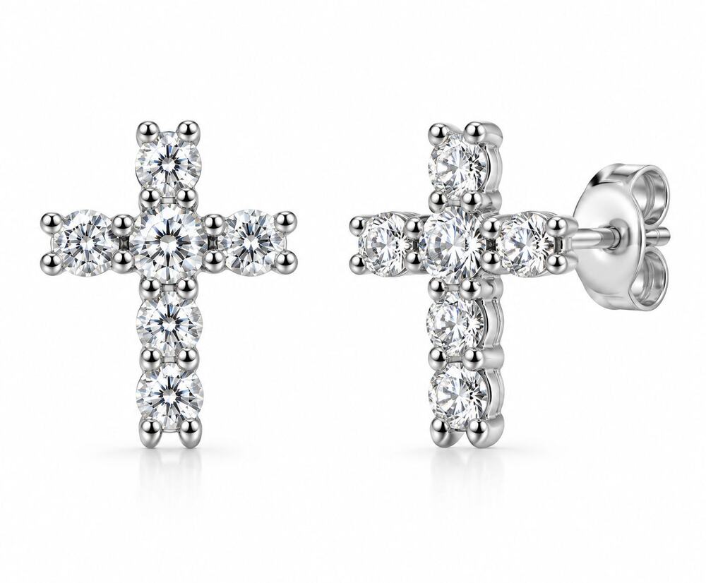 925 Sterling Silver Tiny Cross CZ Stud Earrings 9mm Men Women Baby